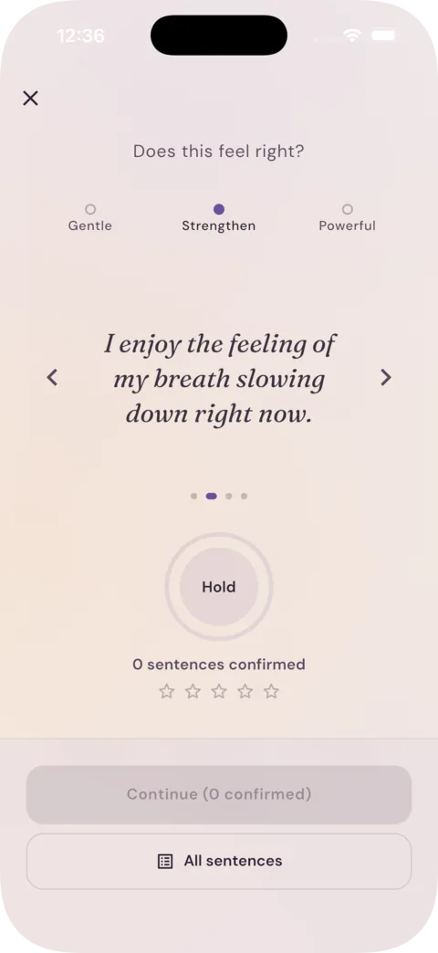 alligkeit app: feel check with a reshaped, supportive sentence and three intensity levels