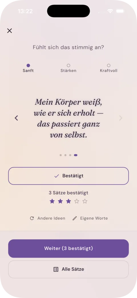 alligkeit App: bestätigter Satz im Feel-Check, der Teil der Session wird